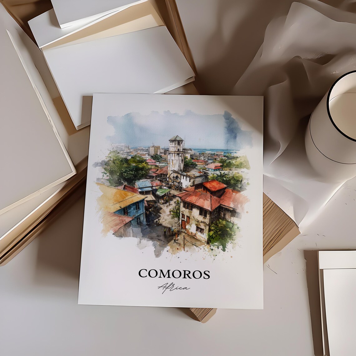 Comoros Africa Old Island Town Red Roofs Watercolor Travel Poster - Image 3