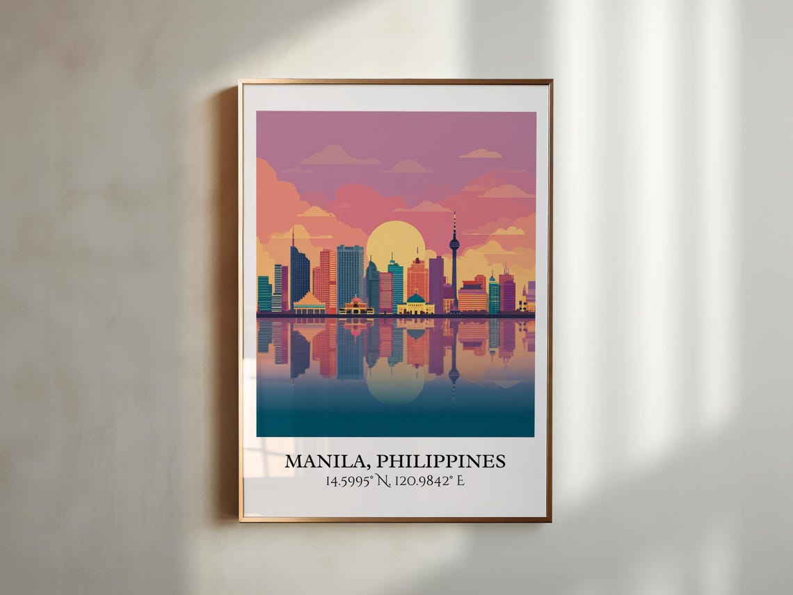 Manila Philippines Sunset Skyline Water Reflection Travel Poster - Image 3
