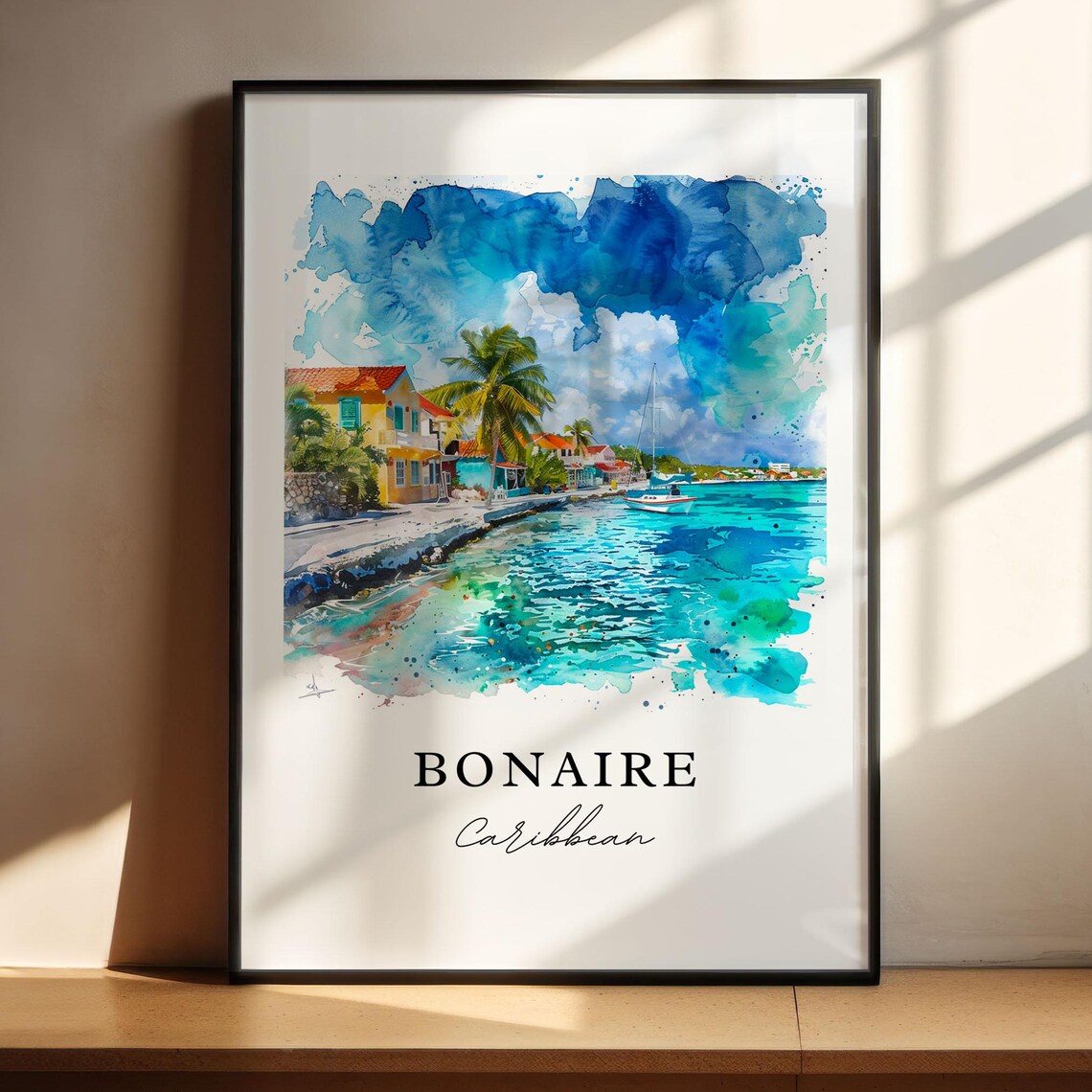 Bonaire Caribbean Turquoise Harbor Waterfront Watercolor Poster - Image 6