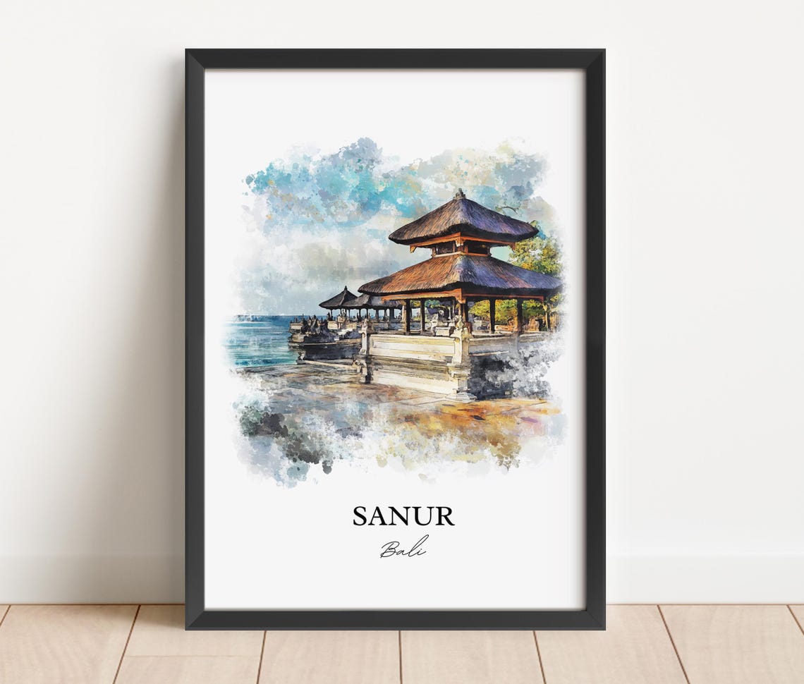 Sanur Bali Watercolor Seaside Temple Calm Ocean Waves Poster - Image 5