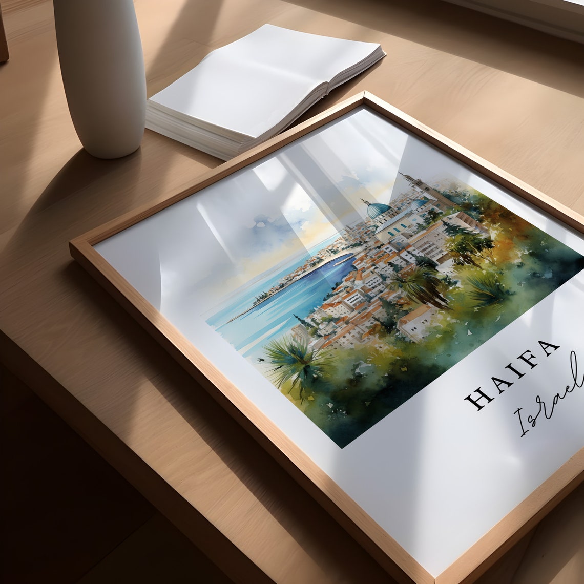 Haifa Israel Watercolor Blue Bay Coastal City View Travel Poster - Image 5