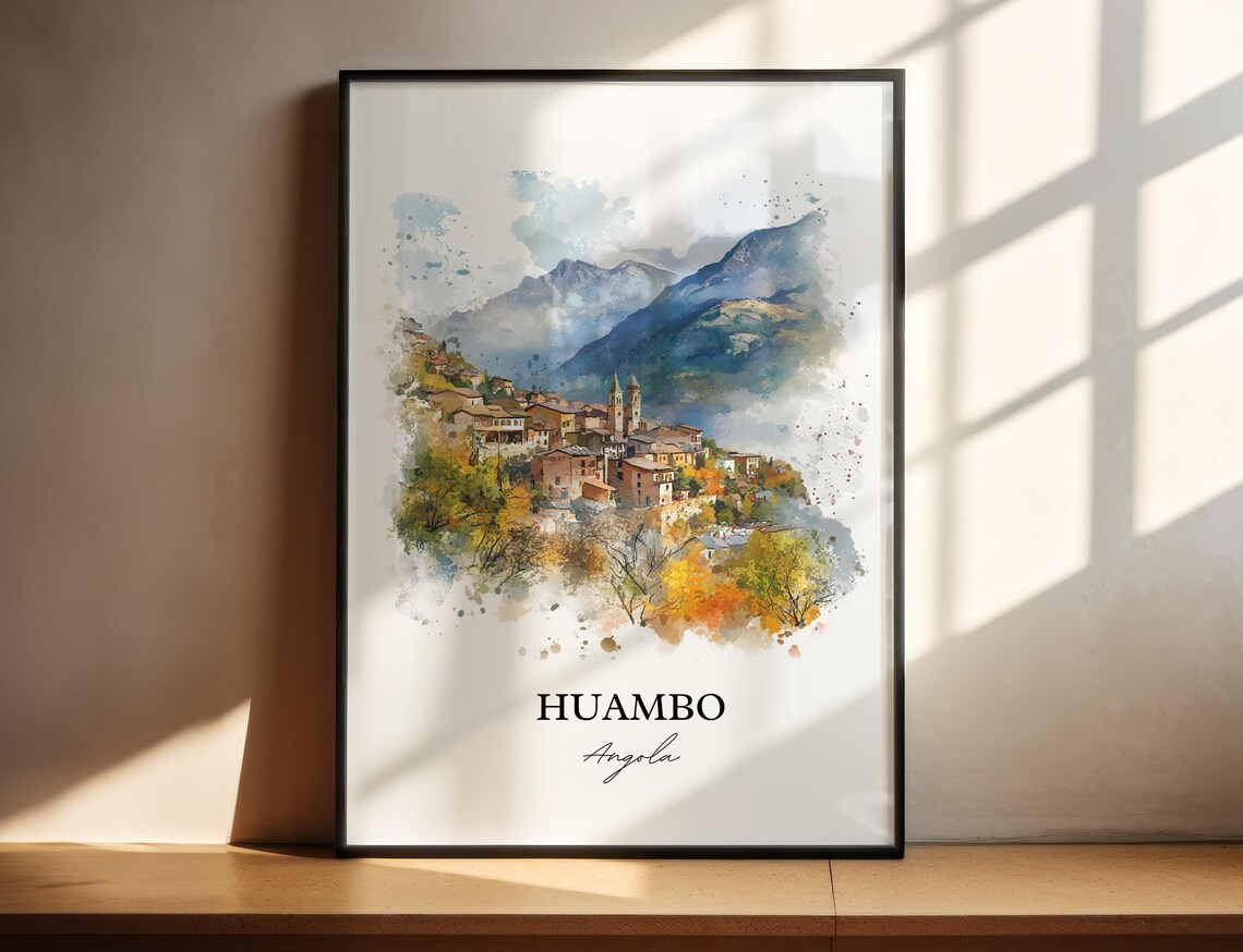 Huambo Angola Mountain Town Autumn Valley Watercolor Art Poster
