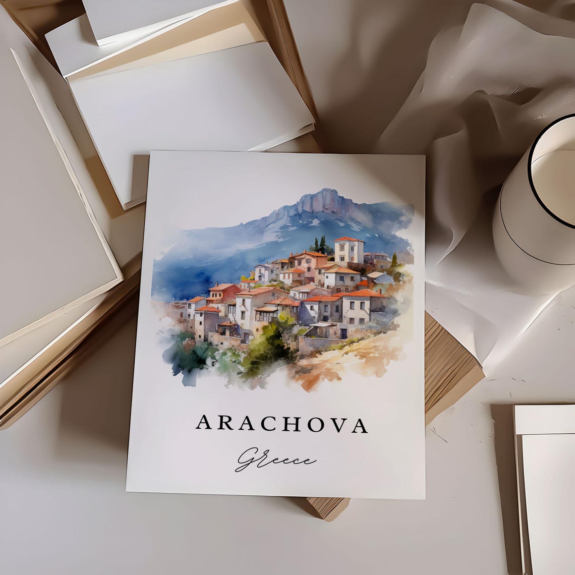 Arachova Greece Mountain Village Watercolor Hillside Town Poster - Image 6