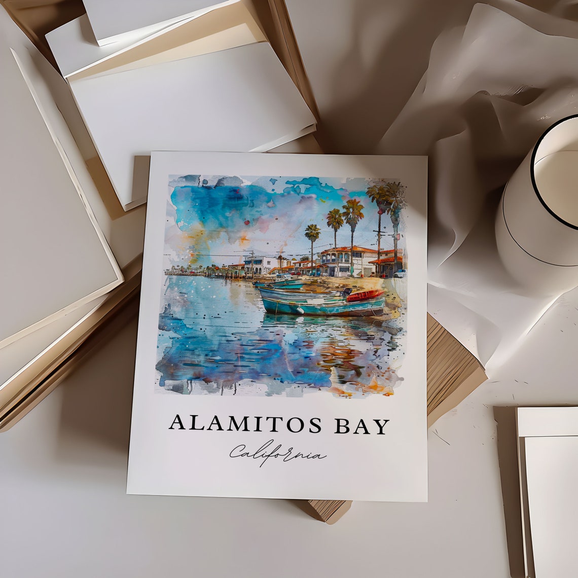 Alamitos Bay California Harbor Boats Marina Watercolor Poster - Image 6