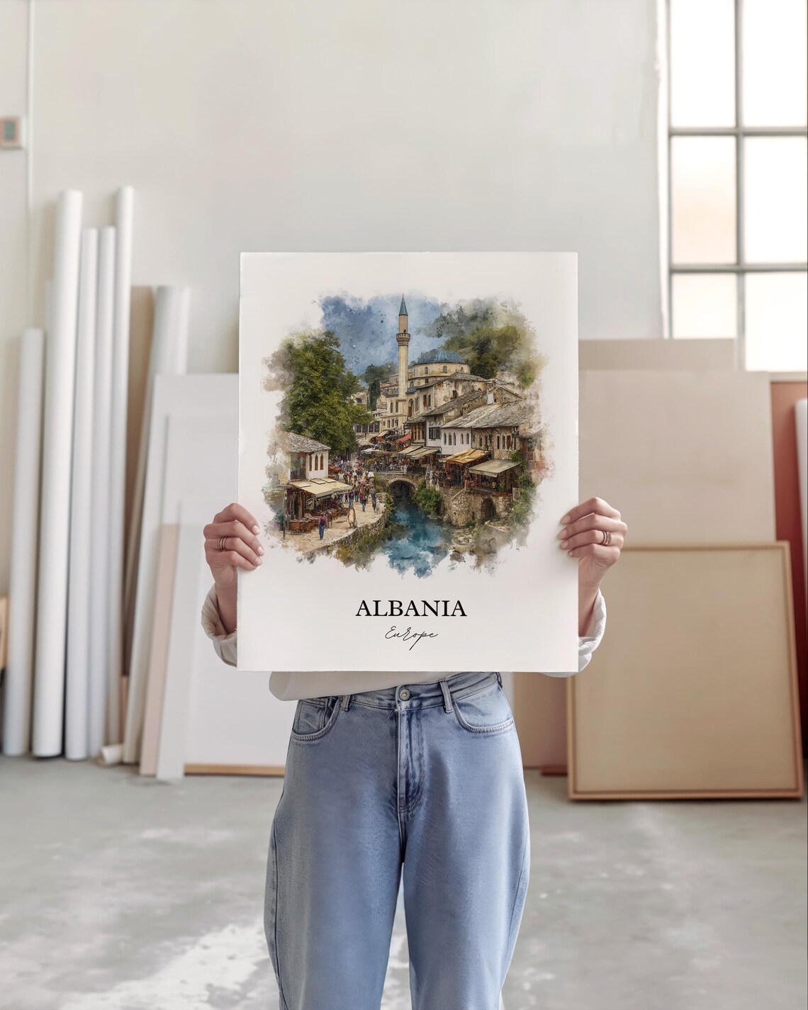 Albania Old Town Minaret Riverside Watercolor Travel Art Poster - Image 4