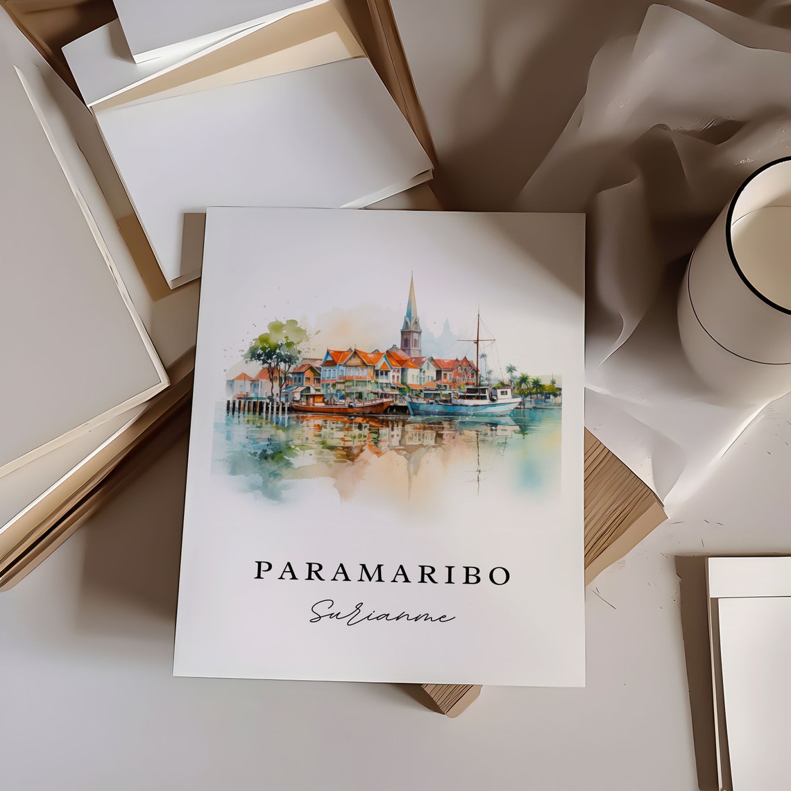 Paramaribo Suriname Harbor Watercolor Boat Reflection Travel Poster - Image 5