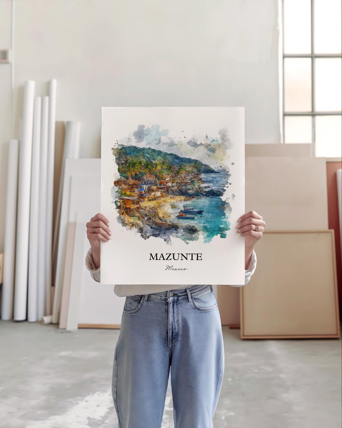 Mazunte Mexico Coastal Beach Town Boats Watercolor Travel Poster - Image 3