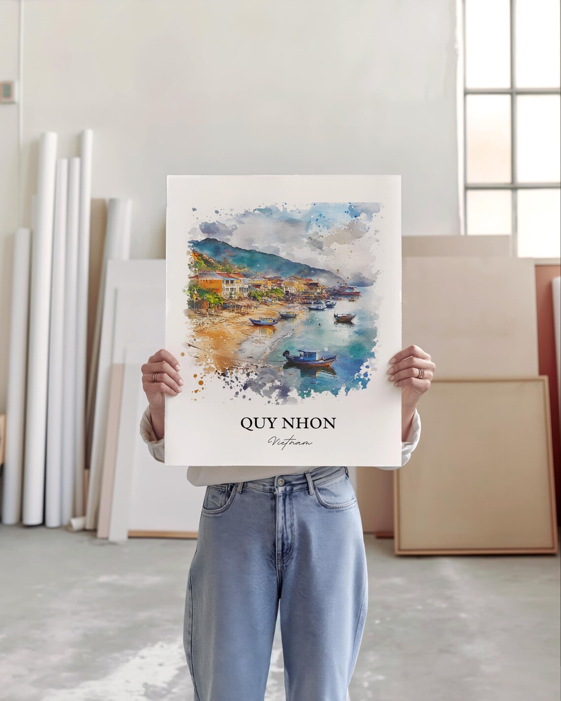 Quy Nhon Vietnam Watercolor Art Fishing Boats Sandy Beach Poster - Image 3