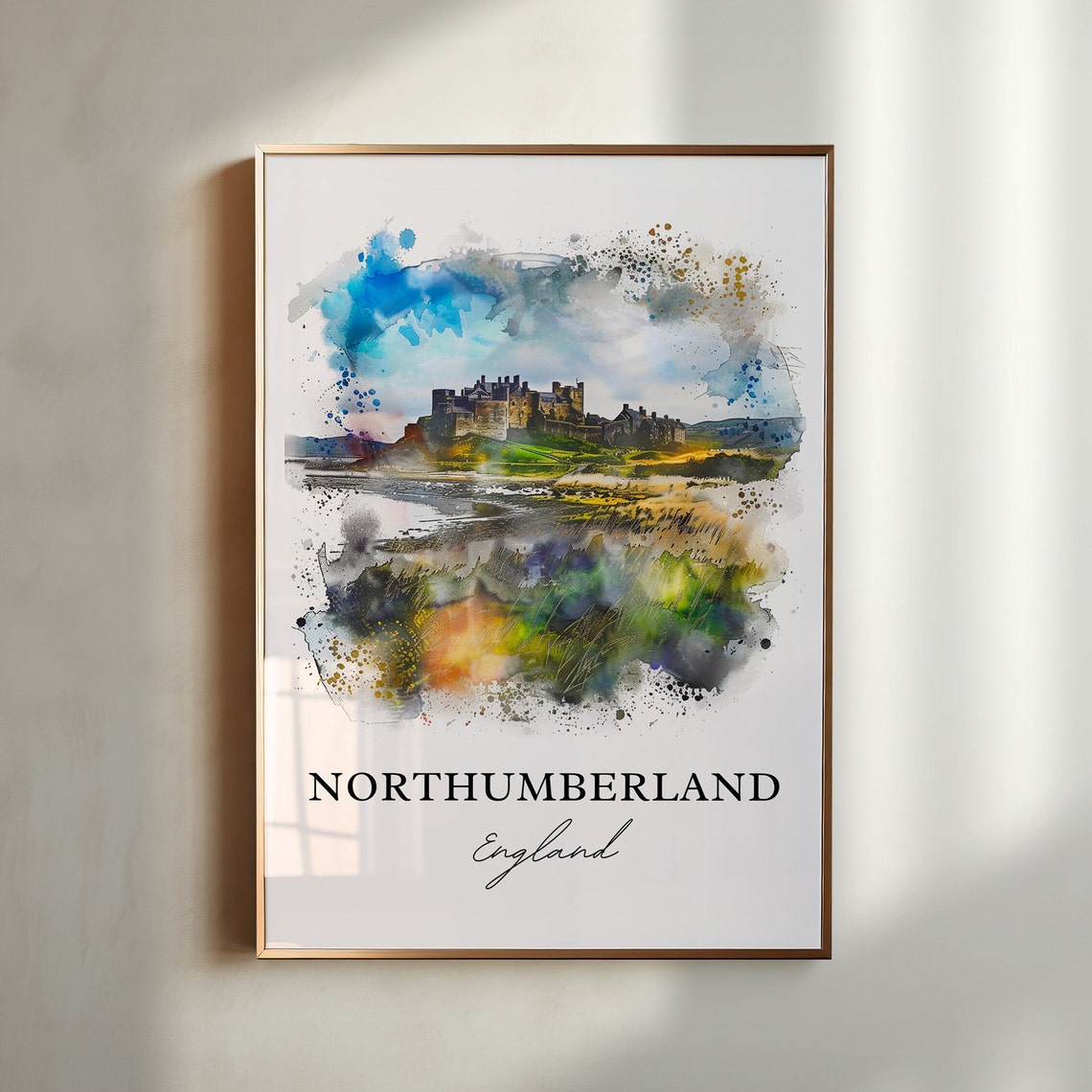 Northumberland England Watercolor Castle Hill Rugged Coast Poster