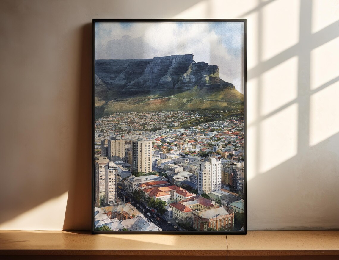 Cape Town South Africa Watercolor Poster Table Mountain Cityscape Art