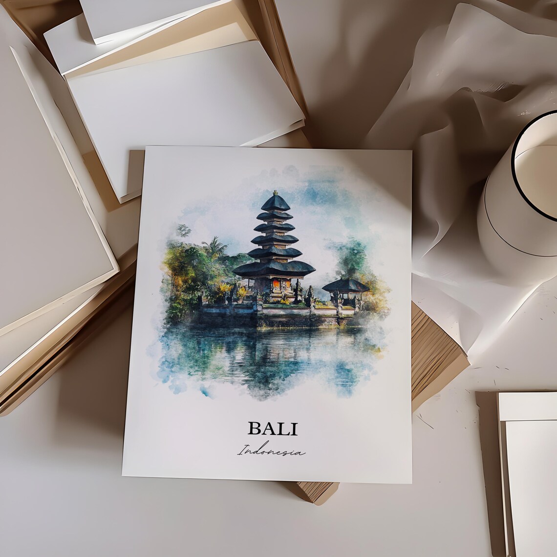 Bali Indonesia Watercolor Lake Temple Serene Island Scene Poster - Image 3