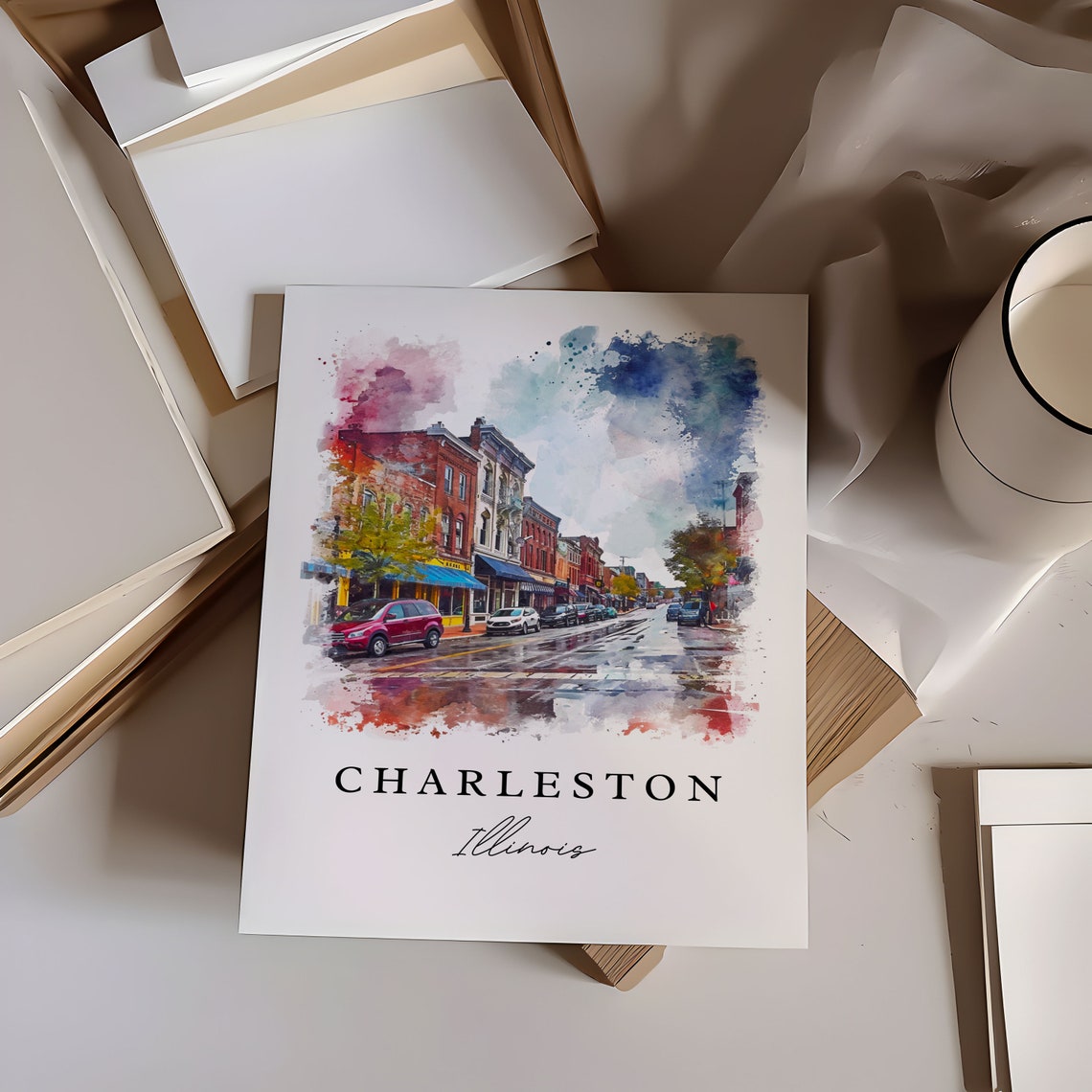 Charleston Illinois Watercolor Brick Street Downtown View Poster - Image 6