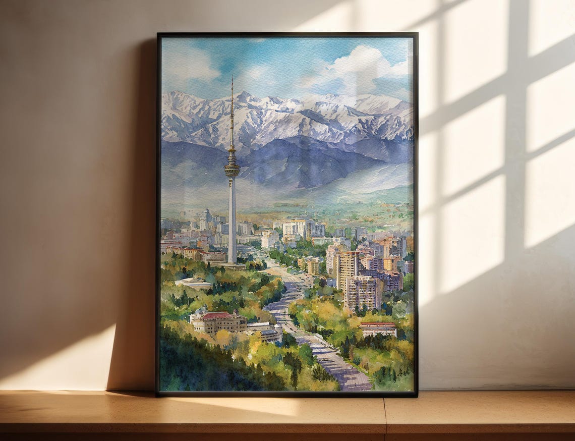 Almaty Kazakhstan Watercolor Poster with TV Tower and Snowy Mountains