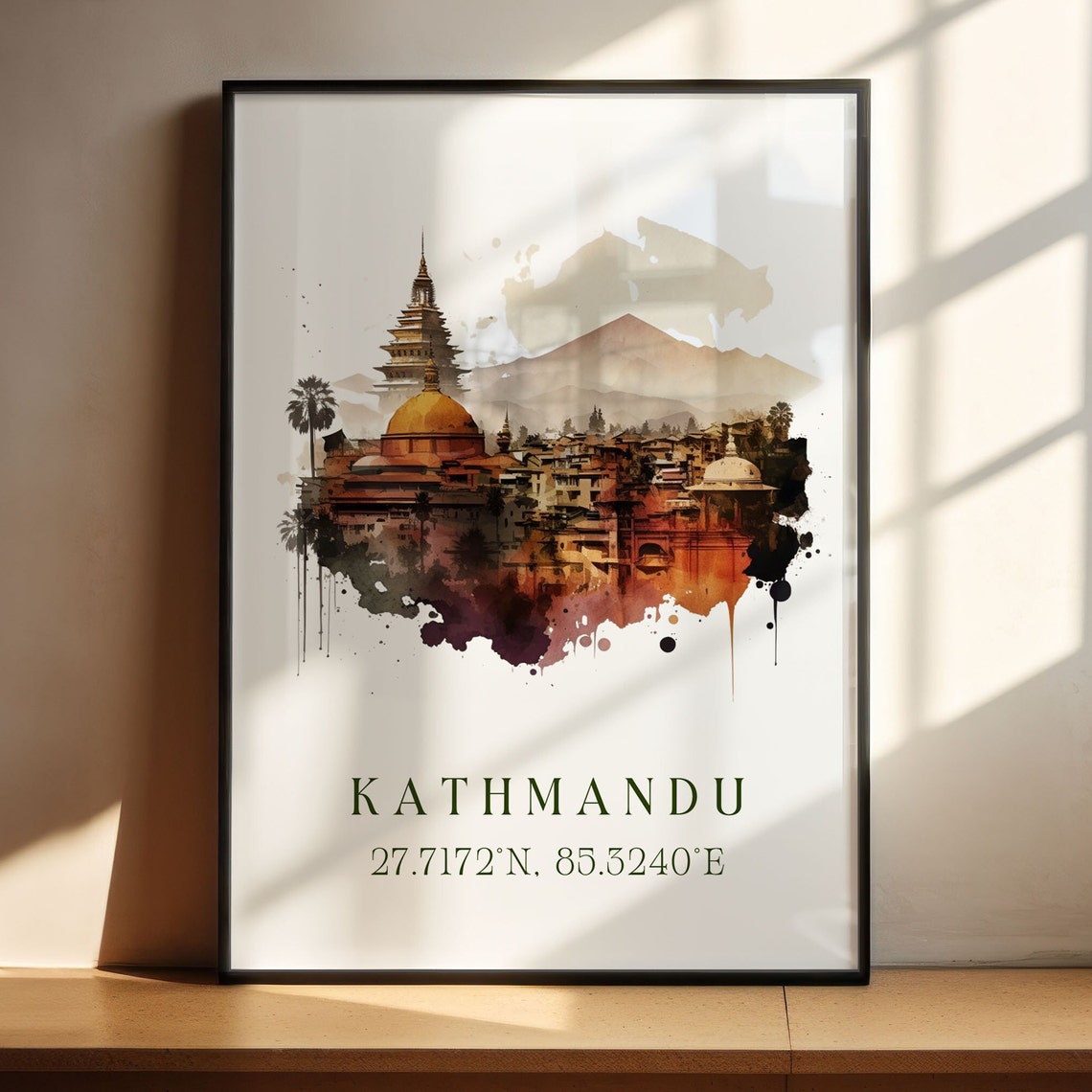 Kathmandu Nepal Temple Watercolor Travel Art Poster With Coordinates - Image 5