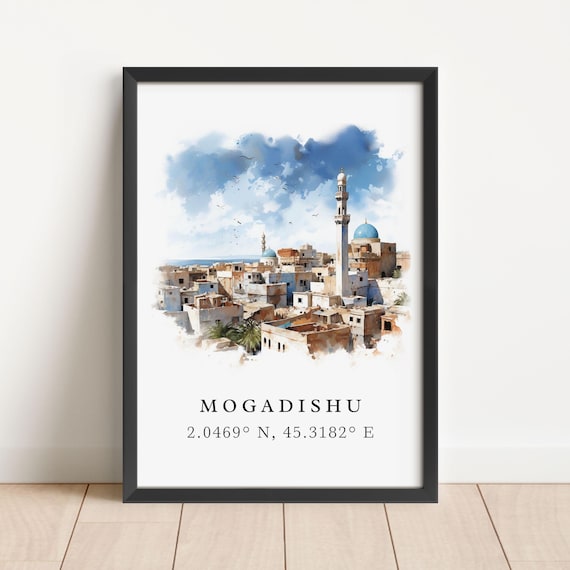 Mogadishu Historic Watercolor Old Town Minarets Travel Poster