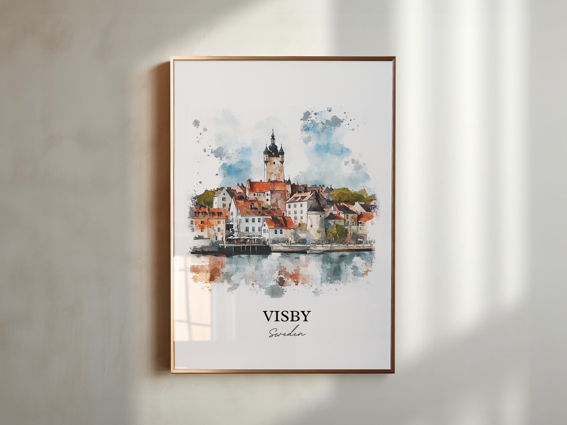 Visby Sweden Medieval Town Tower Watercolor Harbor Travel Poster - Image 3