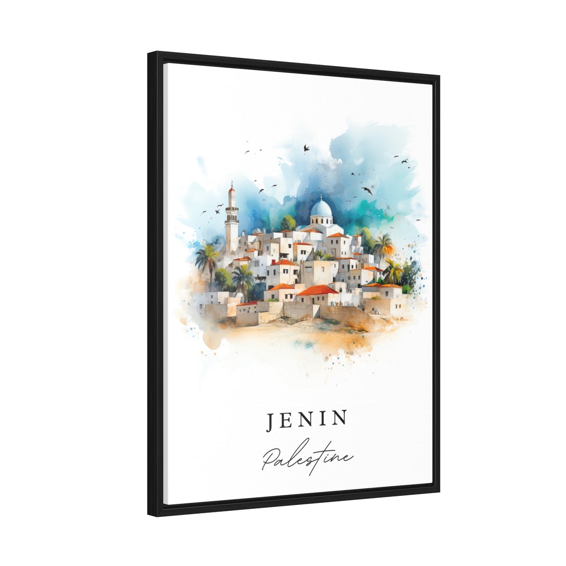 Jenin Palestine White Hillside Old Town Watercolor Travel Poster - Image 2