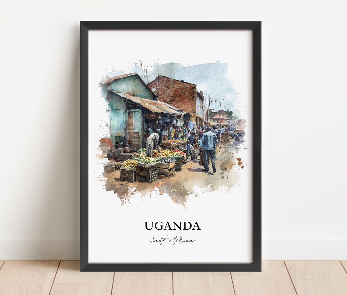 Uganda East Africa Market Vendors Street Watercolor Travel Poster - Image 4