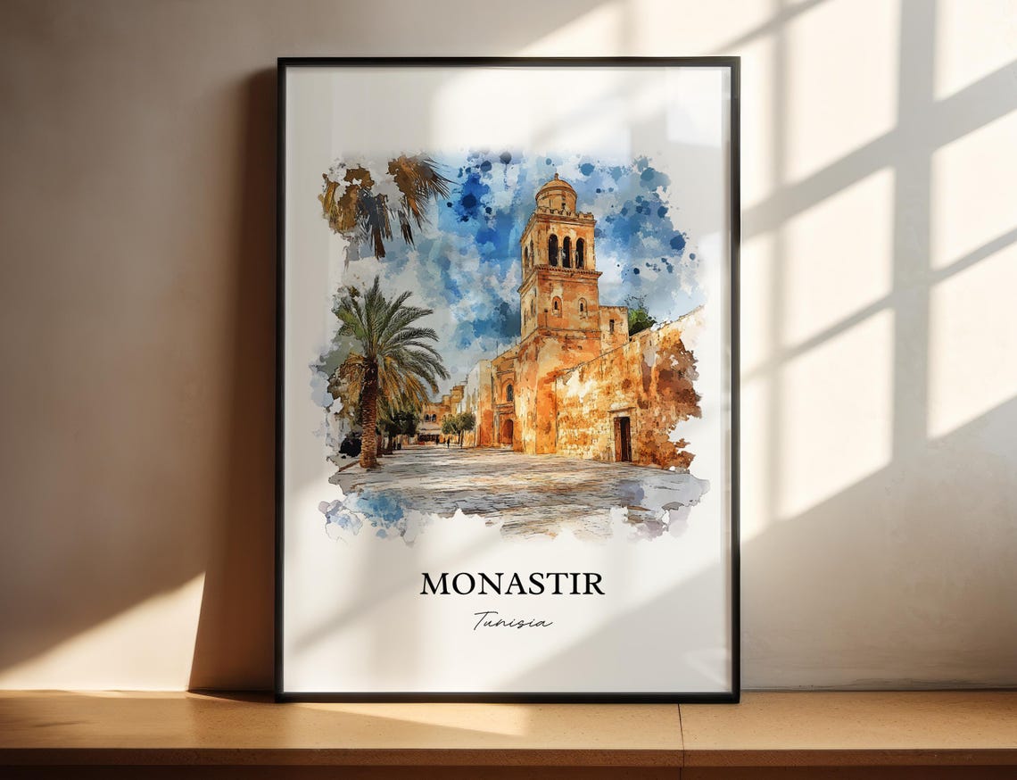 Monastir Tunisia Historic Mosque Palm Trees Watercolor Travel Poster