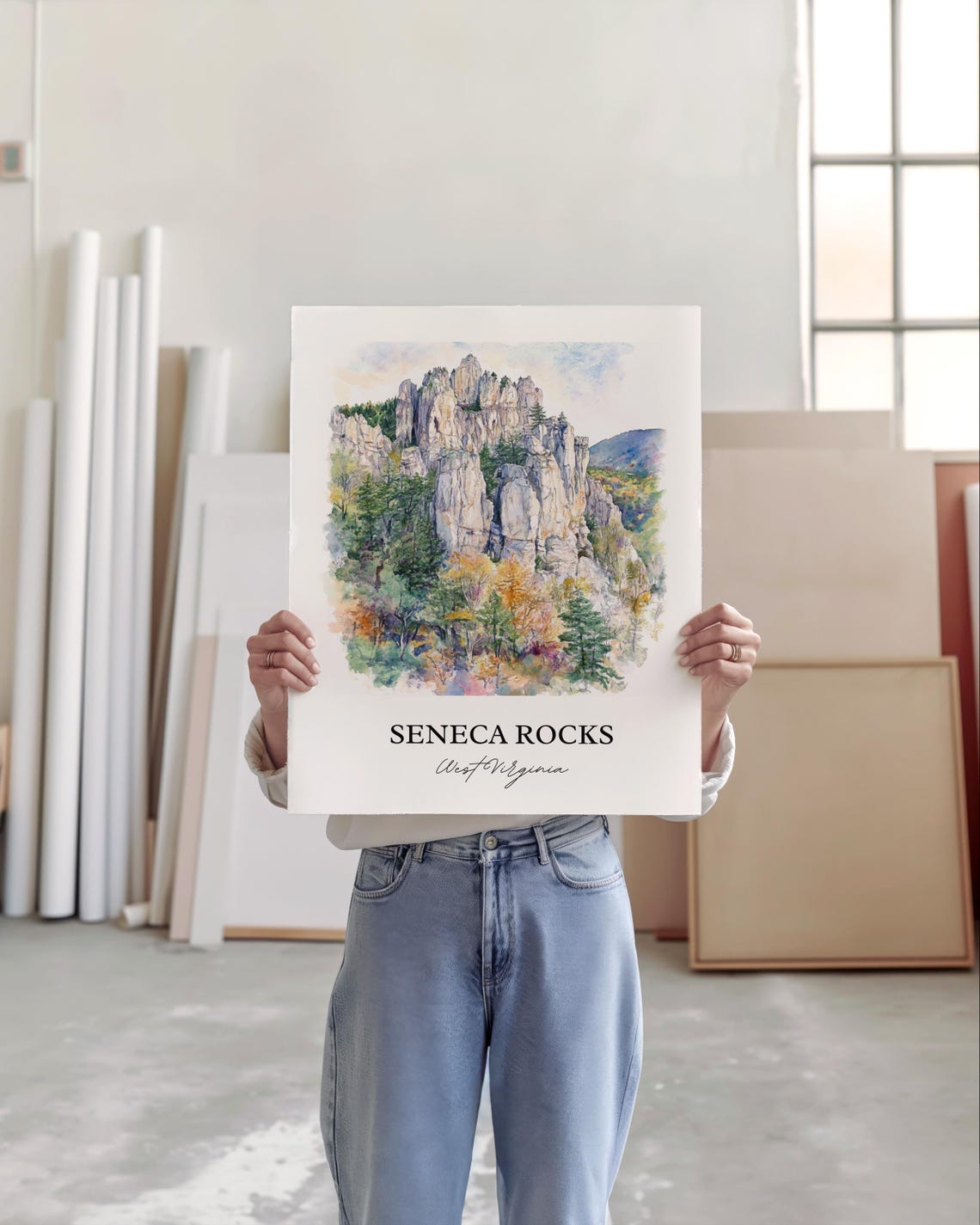 Seneca Rocks West Virginia Climbing Cliffs Watercolor Nature Poster - Image 4
