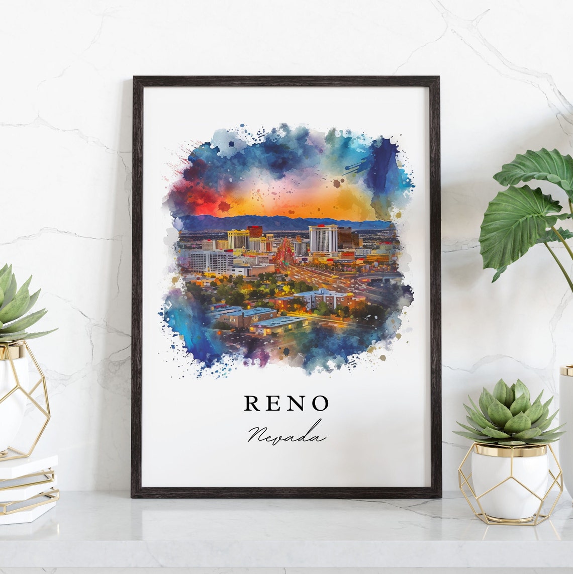 Reno Nevada Sunset Downtown Skyline Watercolor Travel Poster - Image 4