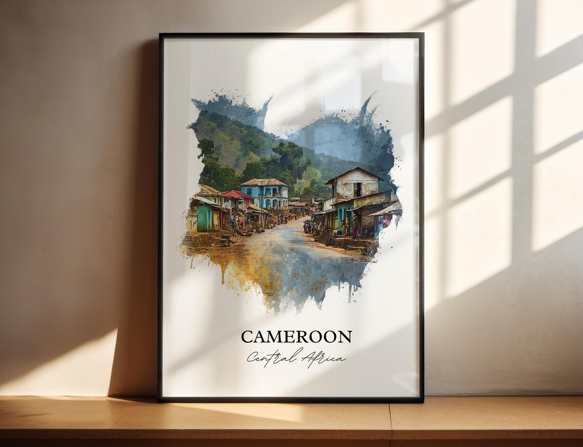 Cameroon Central Africa Hill Town Street Watercolor Travel Poster