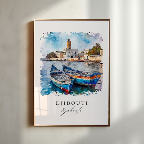 Djibouti Watercolor Harbor Boats Coastal Town Lighthouse Art Poster