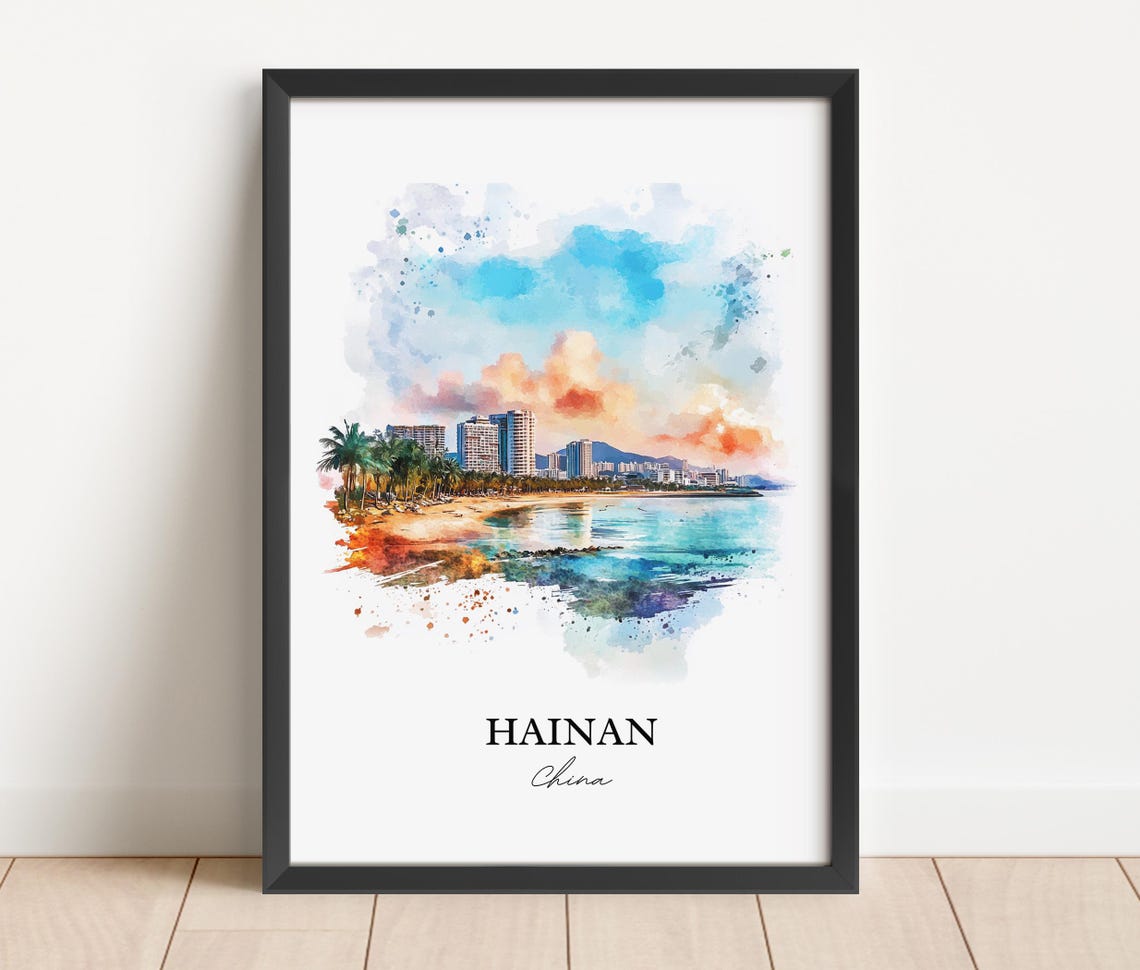 Hainan China Watercolor Beach Skyline Tropical Sunset Poster - Image 6