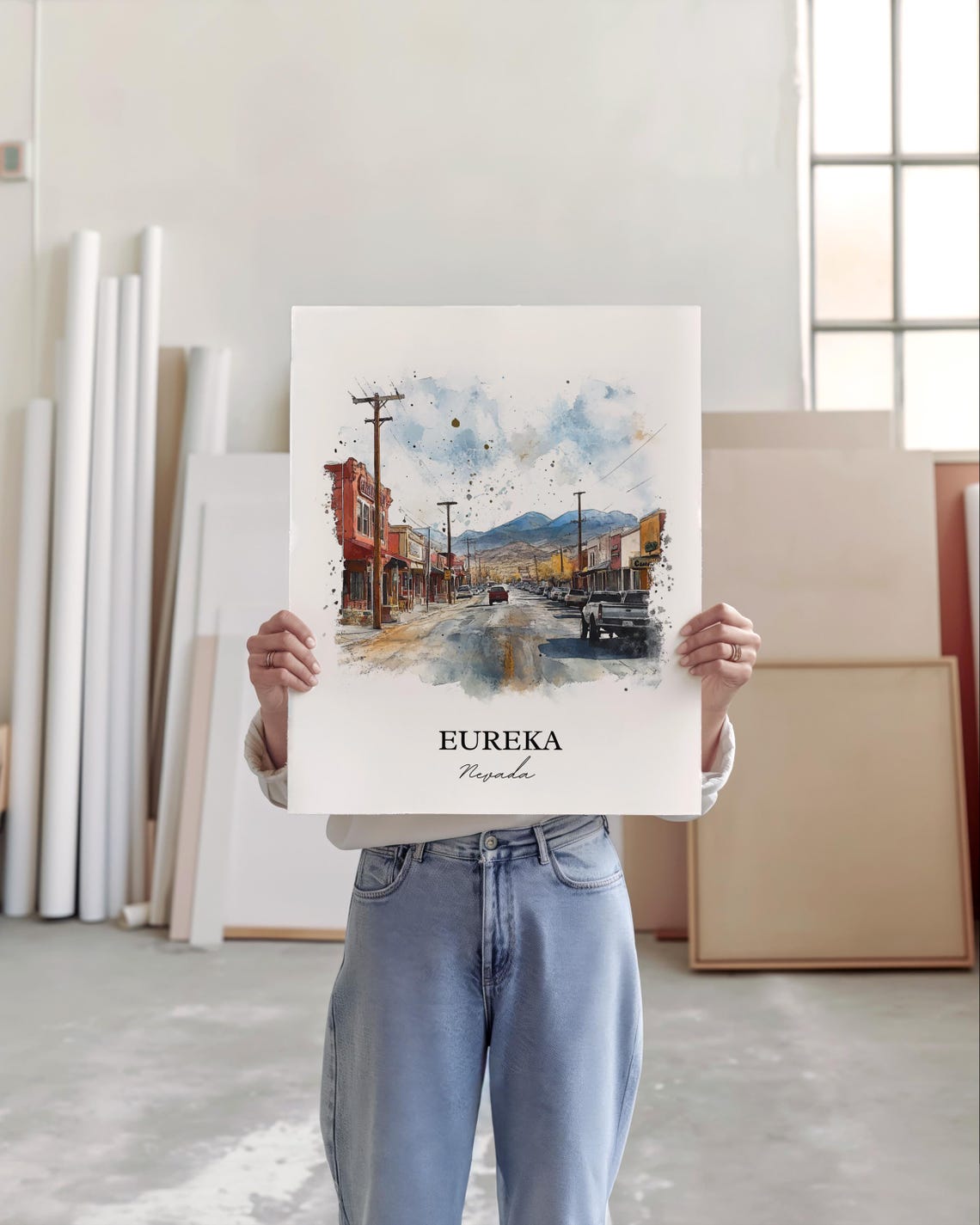 Eureka Nevada Main Street Mountain View Watercolor Travel Poster - Image 3