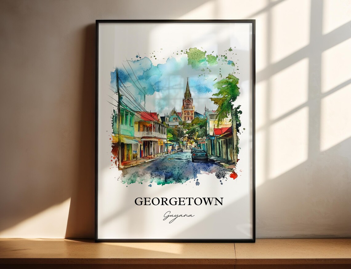 Georgetown Guyana Colorful Street Scene Watercolor Travel Poster