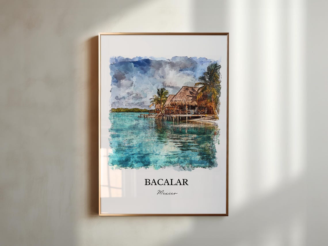 Bacalar Mexico Turquoise Lagoon Palms Watercolor Travel Poster - Image 5