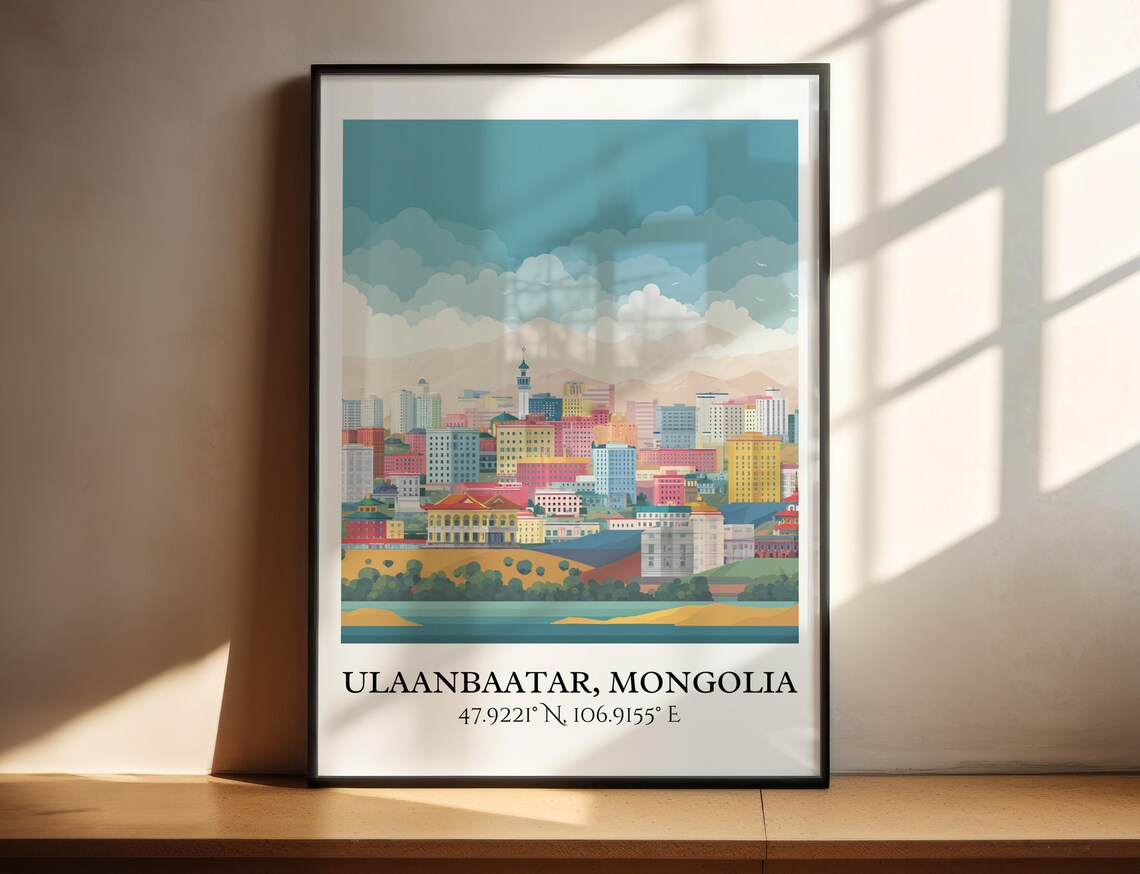 Ulaanbaatar Mongolia City Skyline Mountain Retro Travel Art Poster
