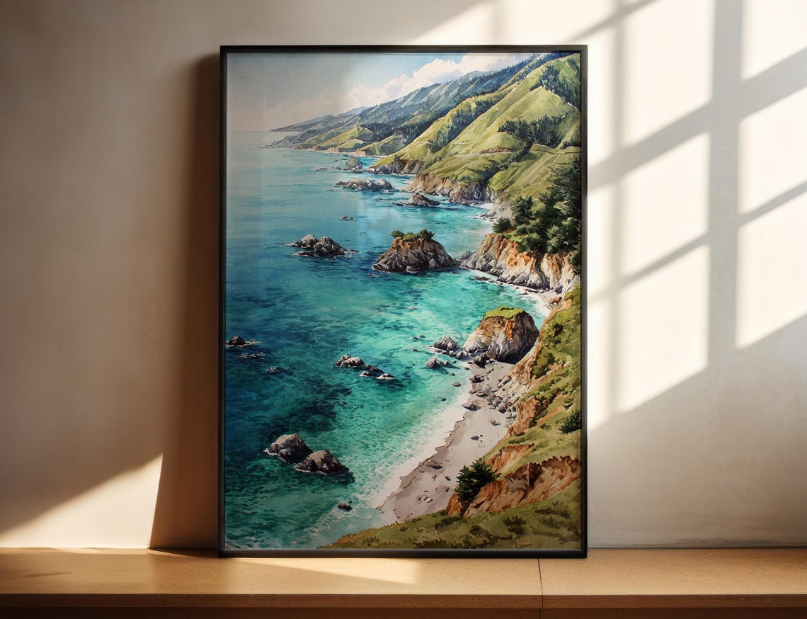Big Sur California Cliffs Watercolor Poster Turquoise Coast Ocean View