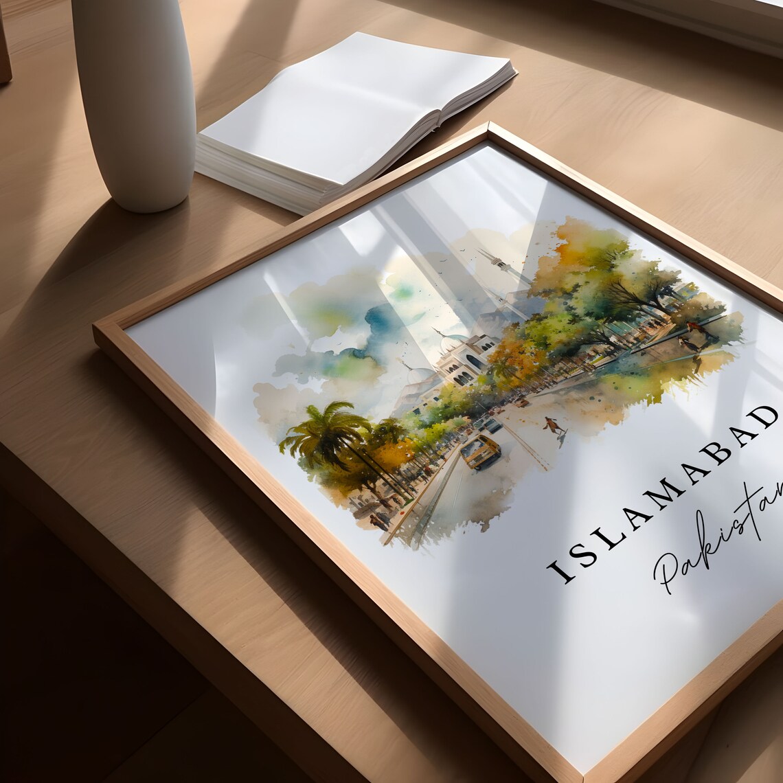 Islamabad Pakistan Watercolor Tree Lined Street Mosque Travel Gift Poster - Image 6