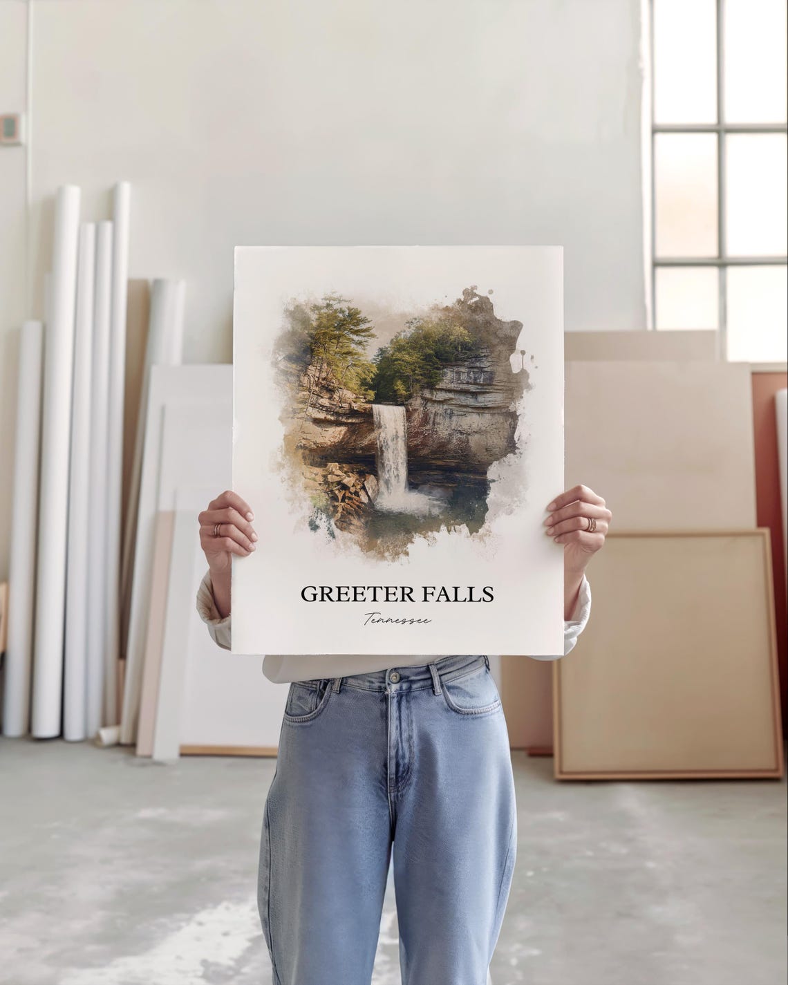 Greeter Falls Tennessee Rock Alcove Plunge Watercolor Poster - Image 5