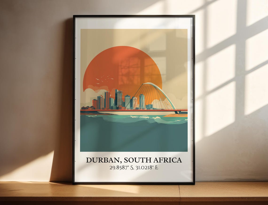Durban South Africa Bridge Sunset Ocean Skyline Travel Poster