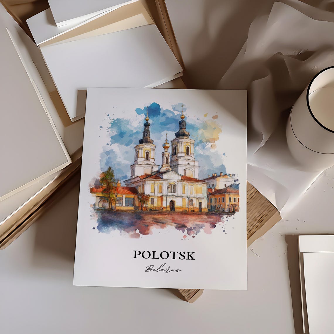 Polotsk Belarus Twin Tower Church Square Scene Watercolor Poster - Image 3