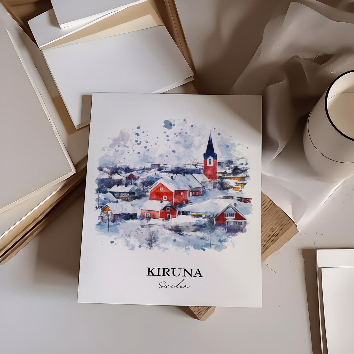 Kiruna Sweden Snowy Village Red Church Watercolor Winter Poster - Image 4