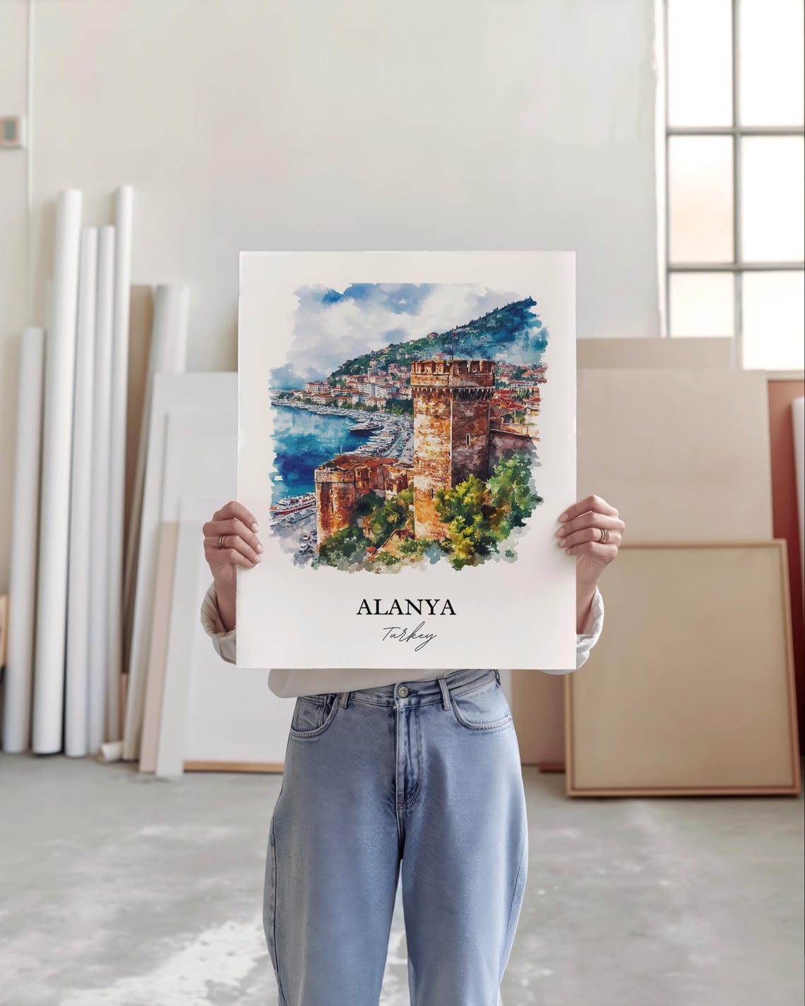 Alanya Turkey Watercolor Red Tower Castle Harbor Travel Poster - Image 6