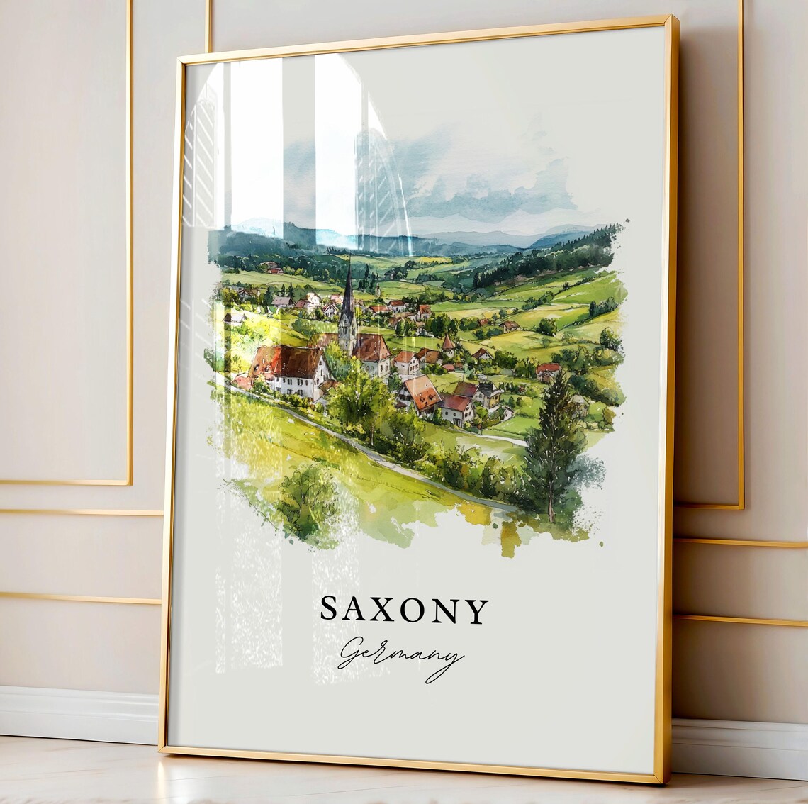 Saxony Germany Countryside Village Church Watercolor Travel Poster - Image 3
