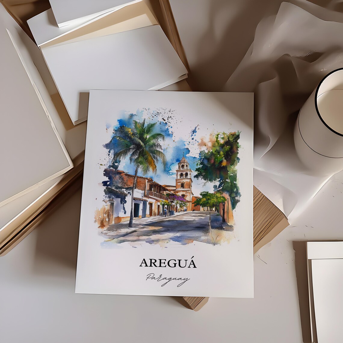 Aregua Paraguay Watercolor Colonial Street Palm Church Tower Poster - Image 3