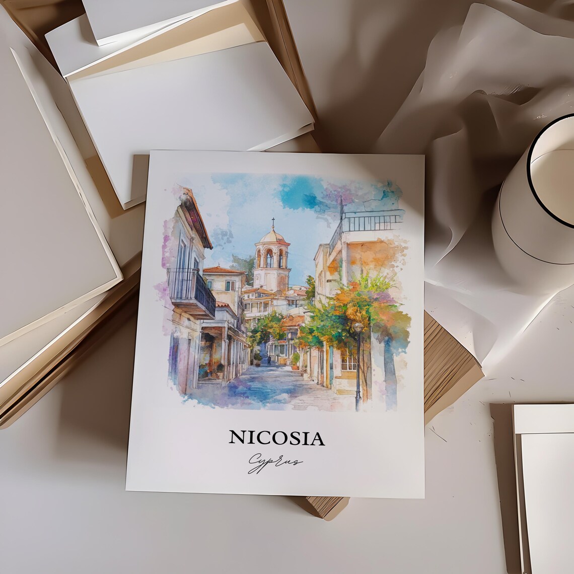 Nicosia Cyprus Old Town Street Bell Tower Watercolor Travel Poster - Image 6