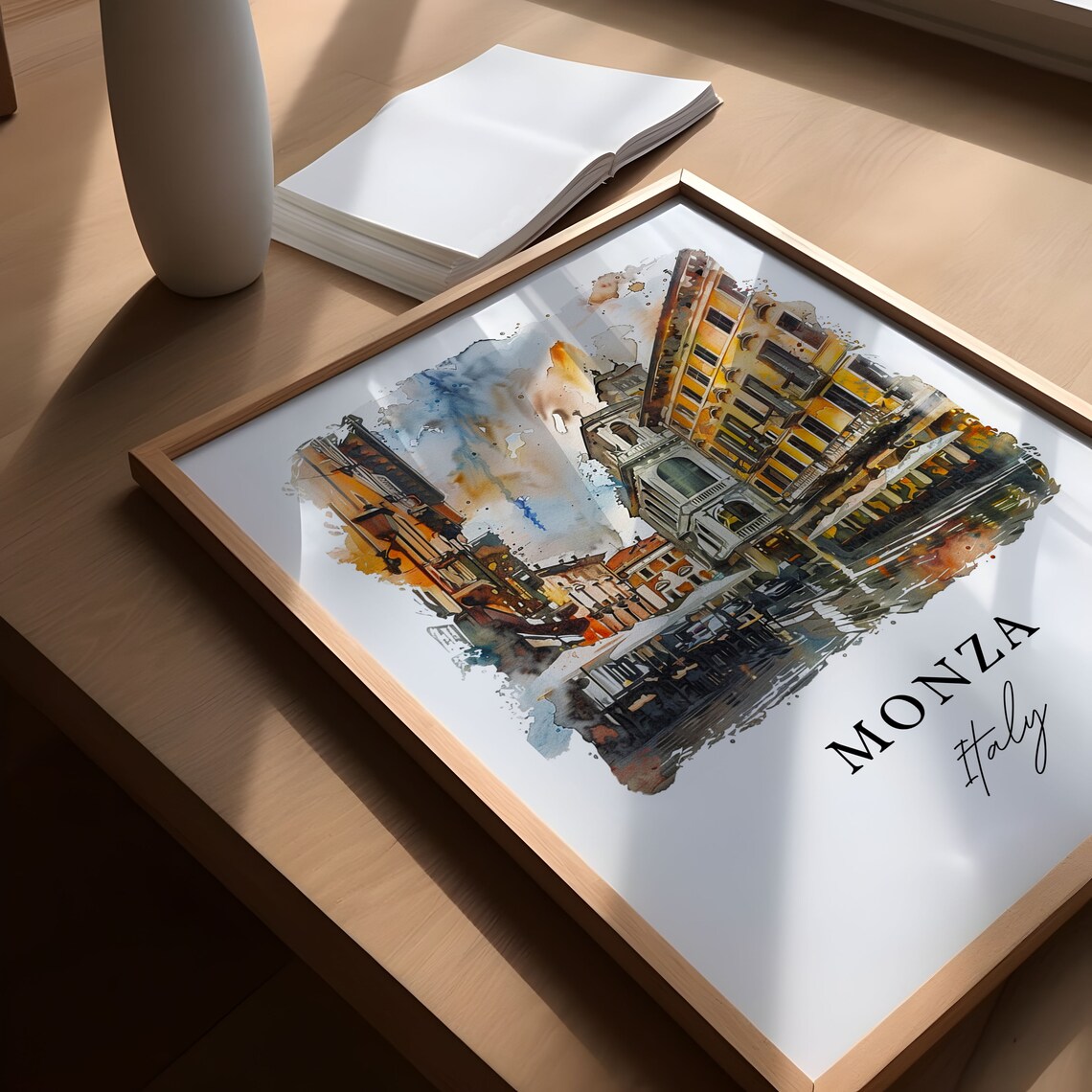 Monza Italy Piazza Cafe Umbrellas Watercolor City Street Poster - Image 5