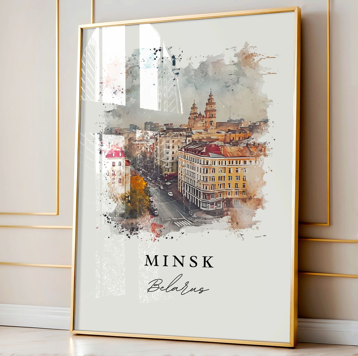 Minsk Belarus Historic City Skyline Streetscape Watercolor Poster - Image 4