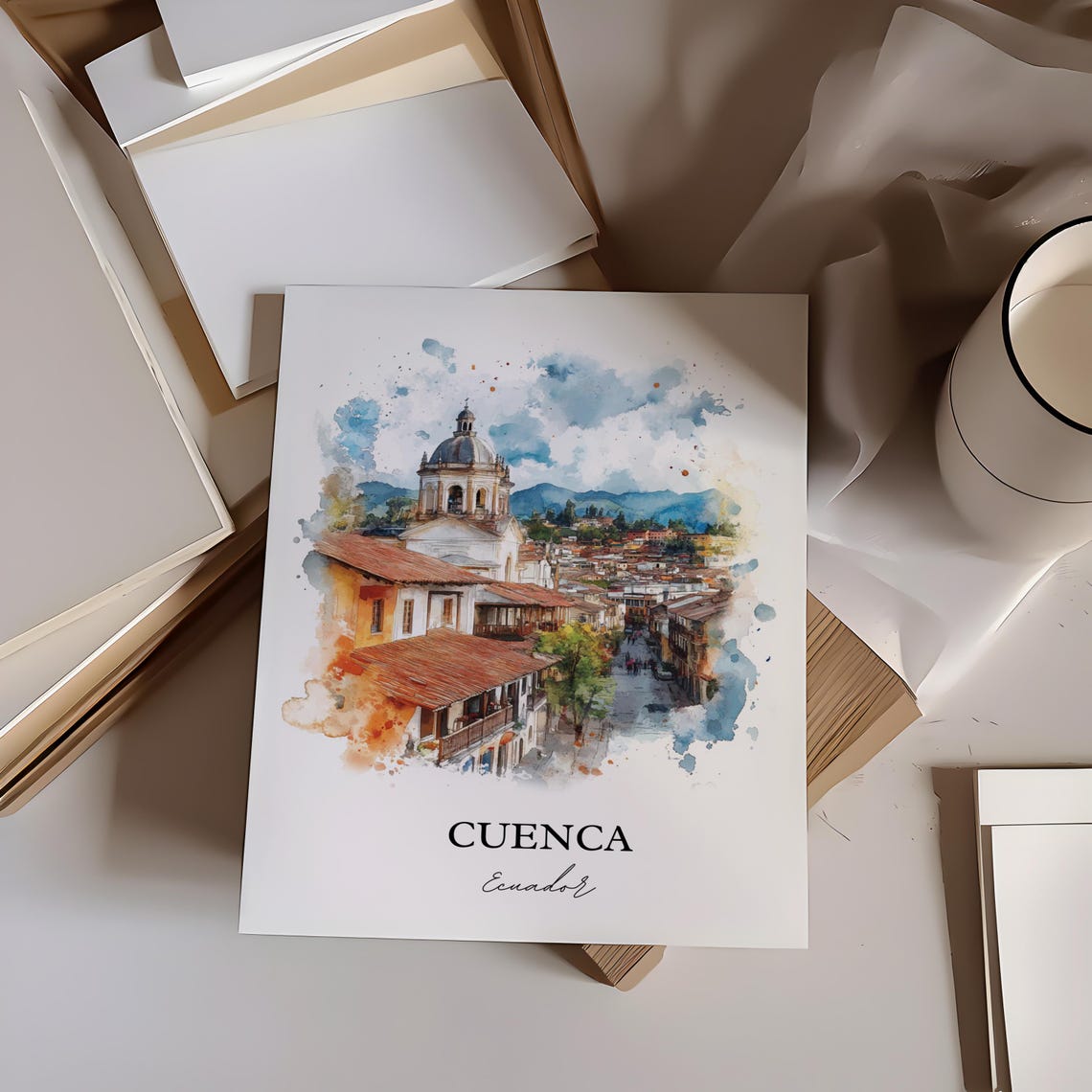 Cuenca Ecuador Old Street Church Dome Red Roofs Watercolor Poster - Image 3