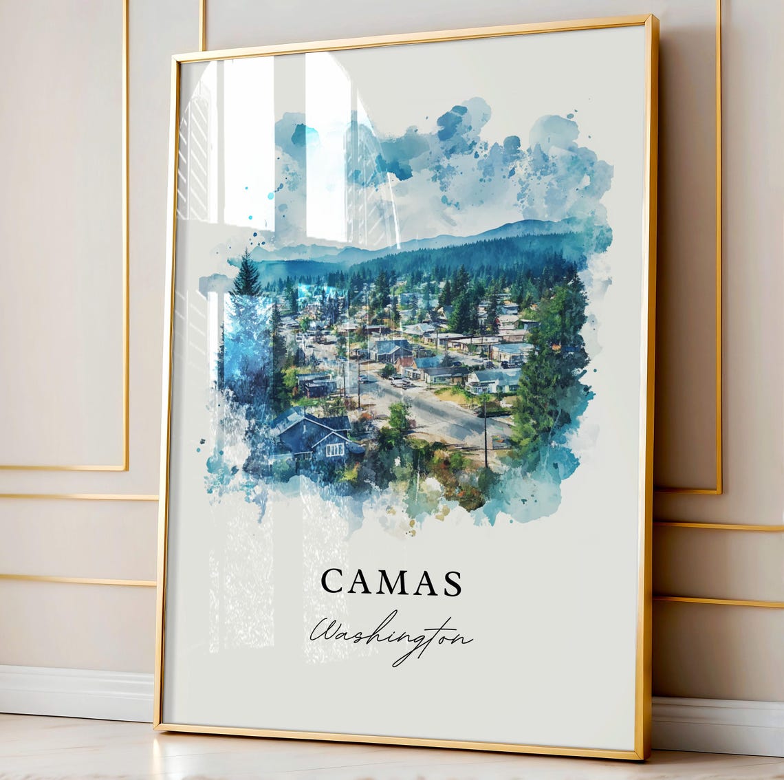 Camas Washington Watercolor Evergreen Town Mountain View Poster