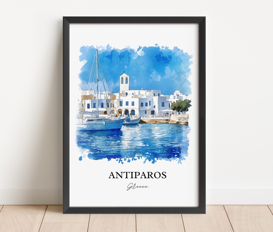 Antiparos Greece Cycladic Harbor Sailboats Watercolor Travel Poster - Image 2
