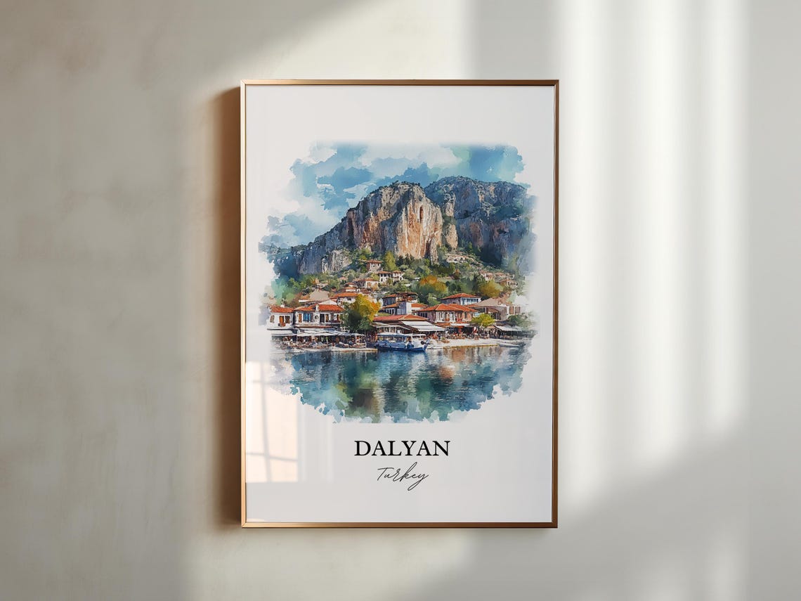 Dalyan Turkey Watercolor Harbor Town Rock Mountain Lake Poster - Image 4