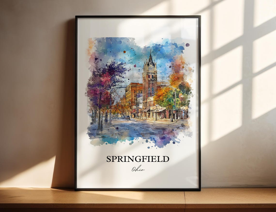 Springfield Ohio Watercolor Downtown Clock Tower Street Poster