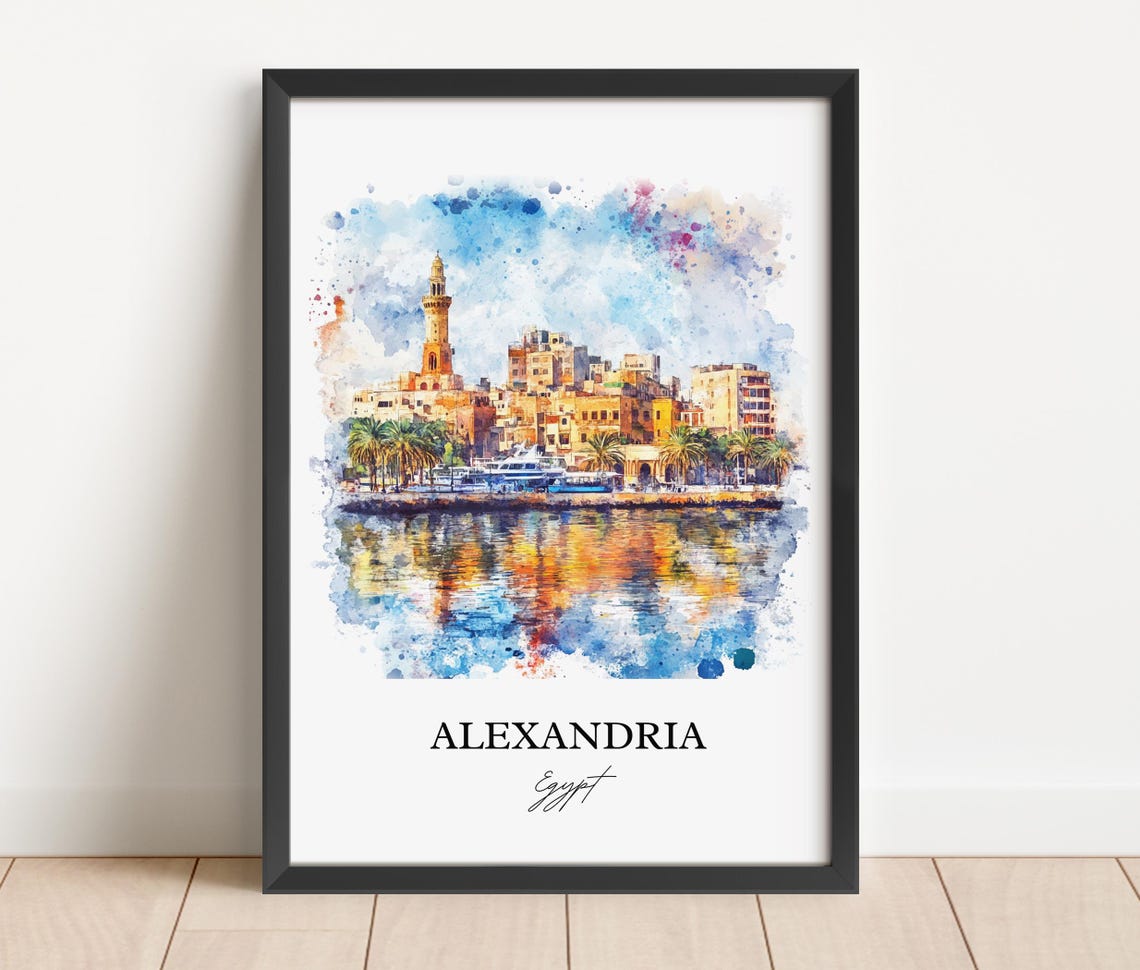 Alexandria Egypt Watercolor Mediterranean Harbor Skyline Poster - Image 2